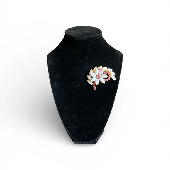 Vintage White Glass & Pink Rhinestone Floral Spray Brooch - Picture 2 of 5